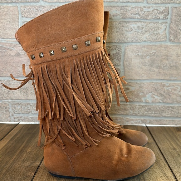 Yoki Toddler Girls Trina Rust 2-Layer Fringe Moccasin Tall Suede Boot / Sz 11 - Picture 3 of 16